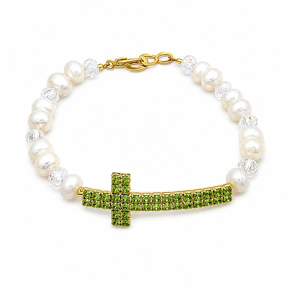Pearl Bracelet Green Rhinestone Cross Clear Crystal Gold Tone Religious 7"
